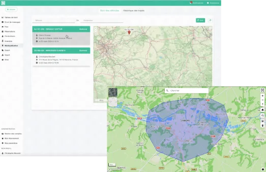 Écran de géolocalisation VivoFleet : liste des véhicules avec leur dernière position, carte et zone d’alerte dessinée autour d’un secteur.